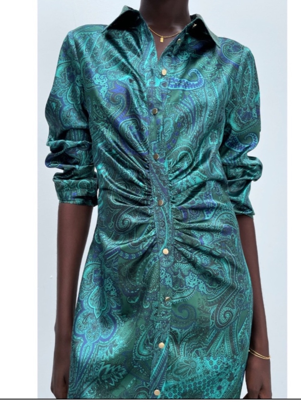 Zara Emerald & Teal Paisley Button-Down Shirt Dress Large Large